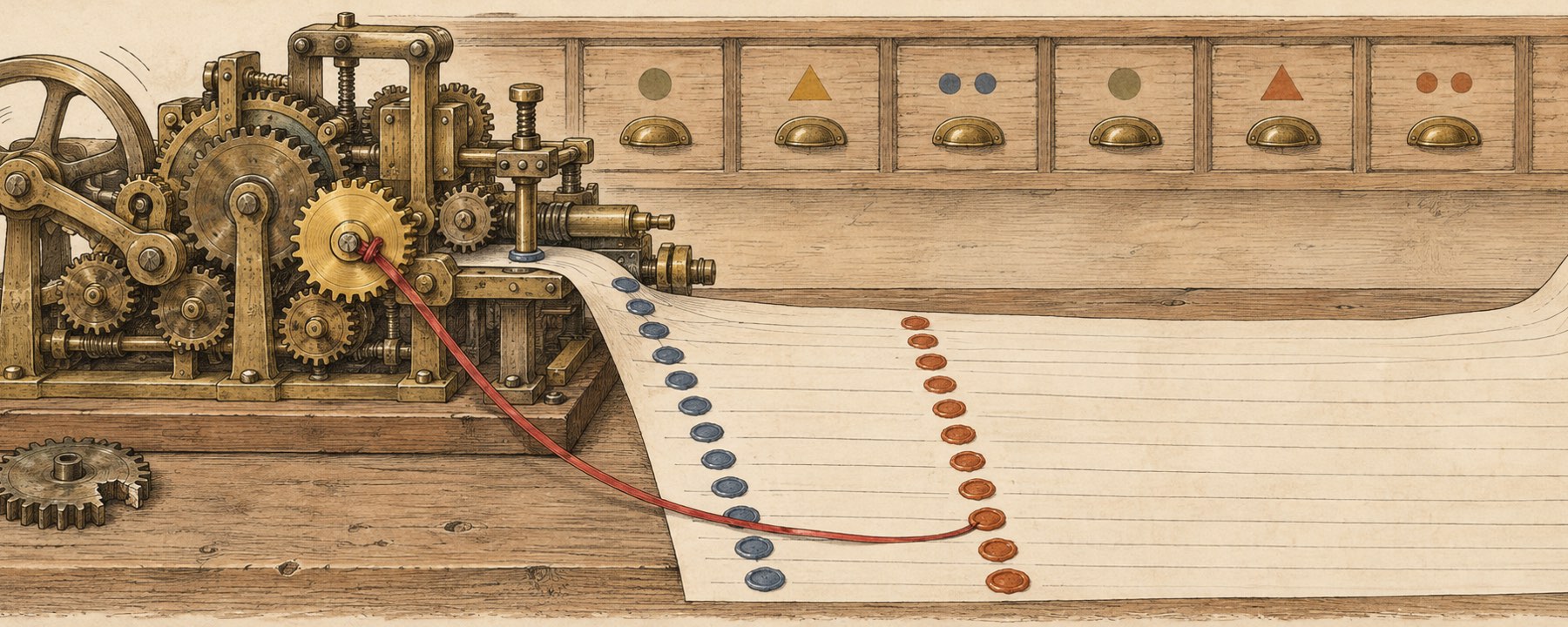 A brass machine on a bench with one freshly replaced gear; a paper ledger unrolls from it, each line sealed in wax, blue before the change and orange after, and a red ribbon ties the new gear to the first orange seal.