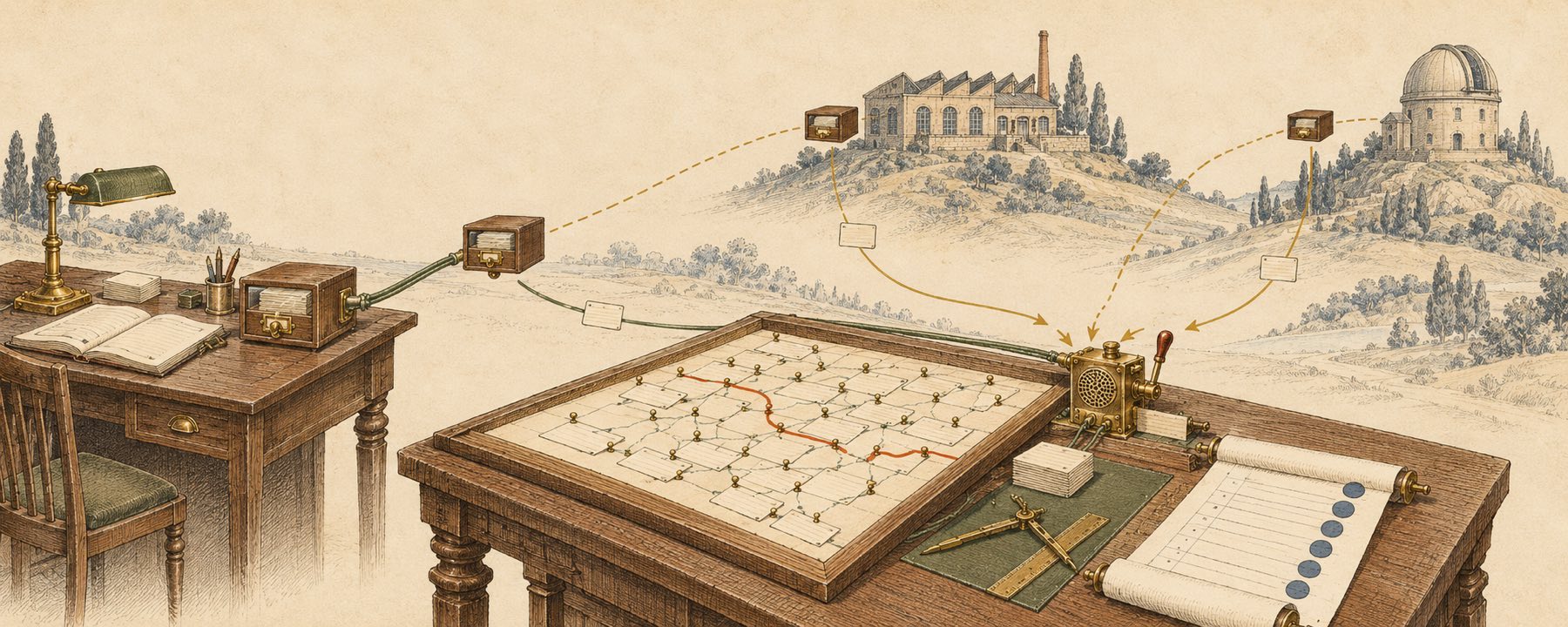 The chart table, a brass gate and a sealed ledger. Three glass-fronted, locked card drawers travel from it: to a writing desk close by, joined by a solid green cord, and to two distant buildings on hills joined only by dashed ochre lines. From each place a single index card returns to the brass gate.