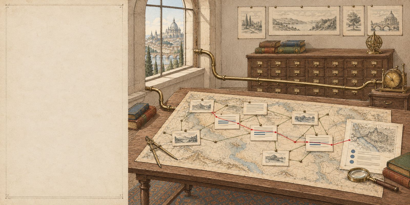 A chart table with a web of linked index cards and a route traced across them in red pencil, ending at a plan sheet; brass tubes lead from it to a distant domed building through an arched window and to a small local machine with a dial.