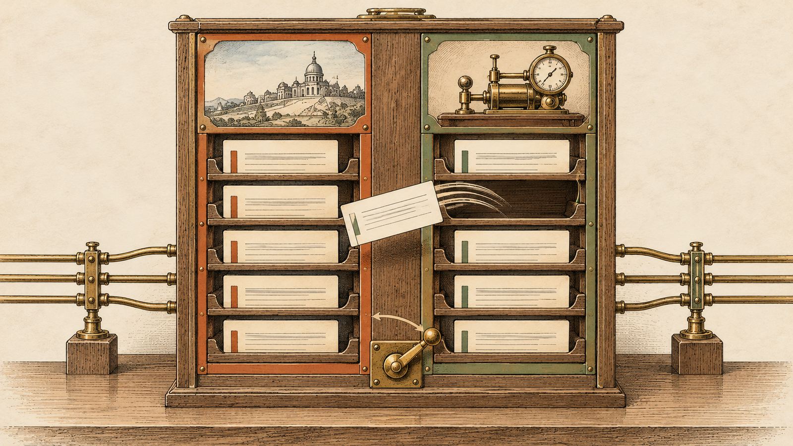 A dispatch board with two columns of card slots: the left bordered in rust under a window with a distant domed building, the right in green under a small local machine. One card moves mid-air from the right column to the left; a lever below is thrown; the card beside its empty slot stays put.