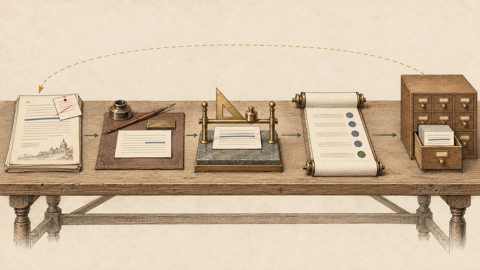 A finished work order with a correction pinned to it; a new index card drafted at a desk; the card checked at a small brass gate; a ledger line closed with a fresh seal; the card filed in a cabinet drawer; a dashed arc back to the start.