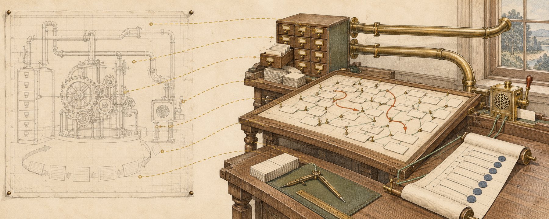 Left, a blueprint of an elaborate machine drawn only in outline and never built. Dashed ochre lines carry each of its parts across to the right, where the same parts stand real on one bench: a chart table of linked index cards with a red route, a card-catalogue drawer, two brass dispatch tubes, a small brass box with a lever, and a sealed ledger.