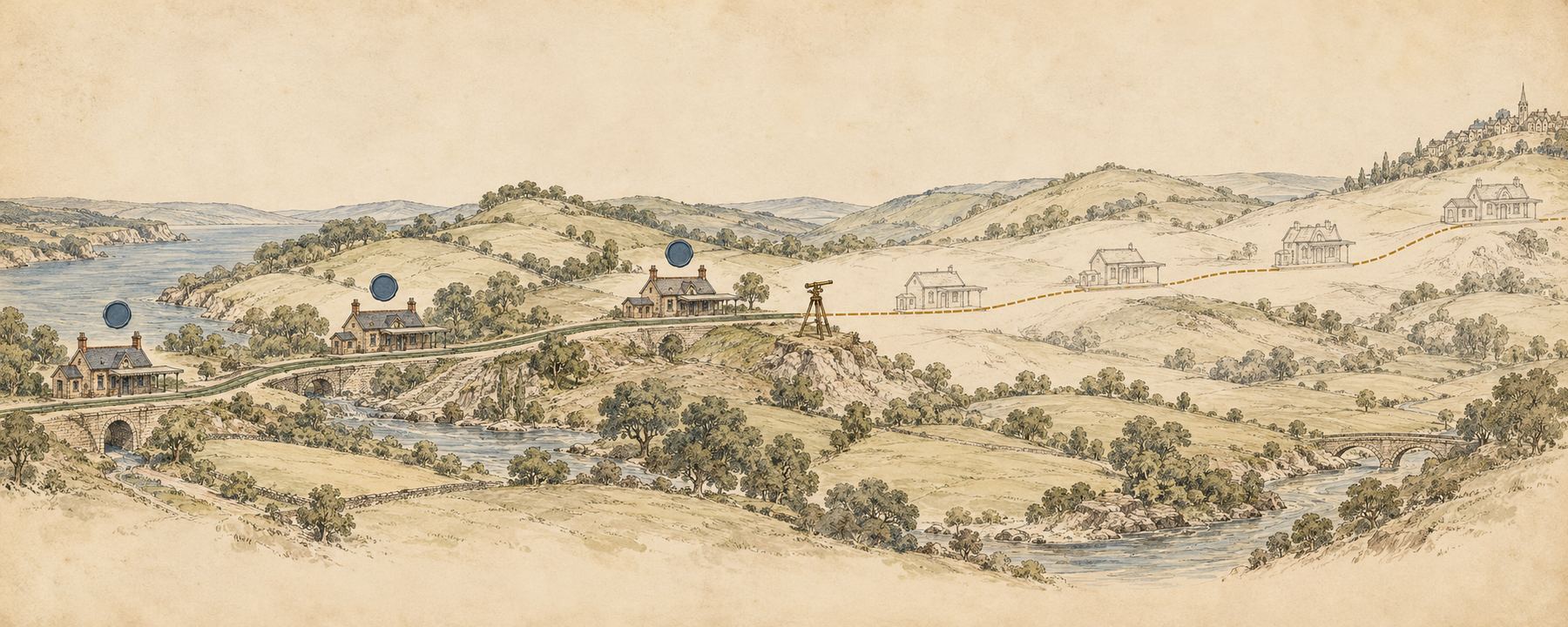 A railway survey map: seven stations along one line. The first three are drawn and coloured, joined by solid green track, each with a wax seal; the next four are pencil outlines joined by dashed ochre track. A surveyor's level stands where the built track ends.