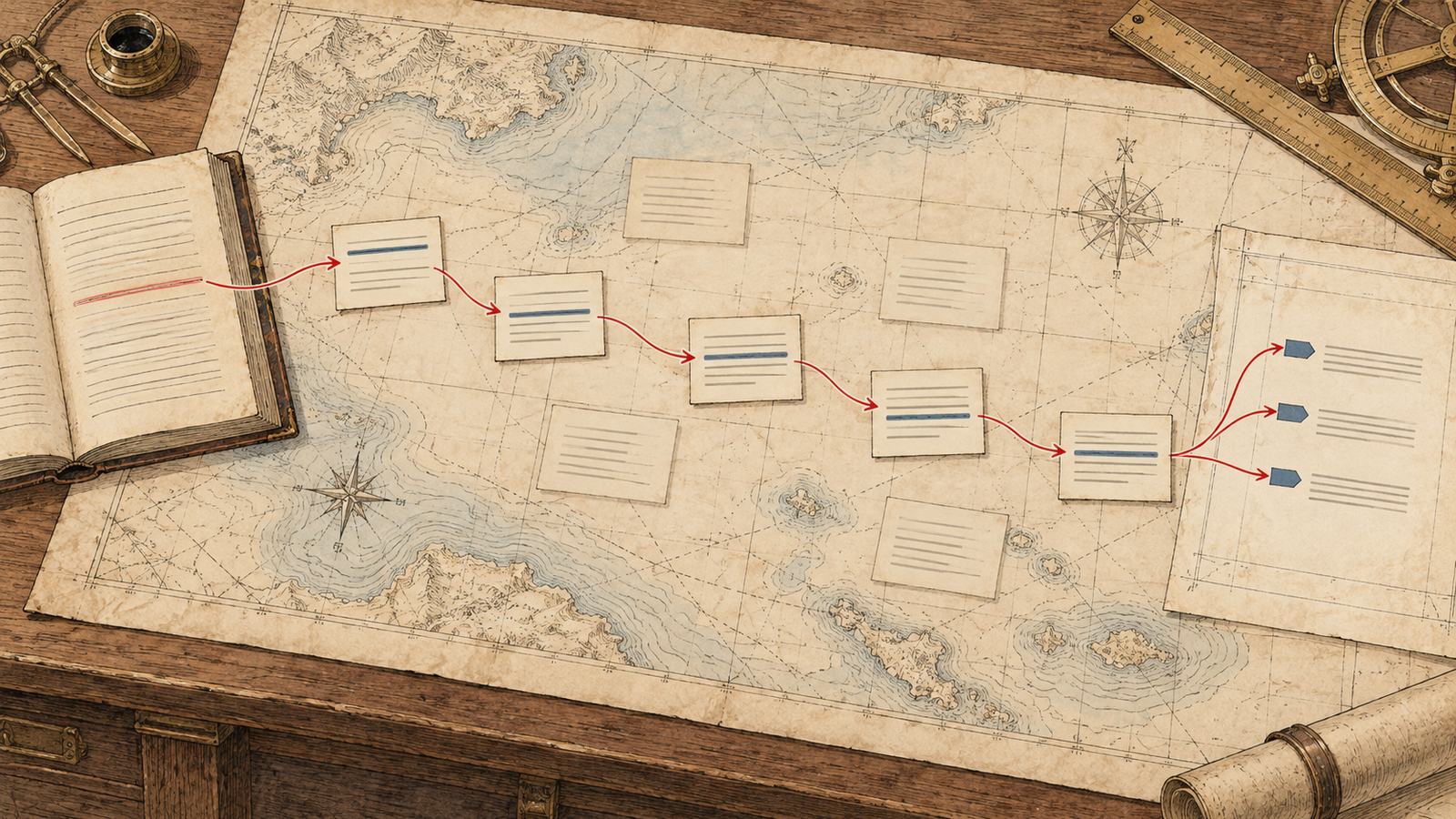 An open index book with one line underlined; a red-pencil route leaves it and steps across five index cards, leaving each from its highlighted line, to a plan of three items, each tagged back to the card it came from.