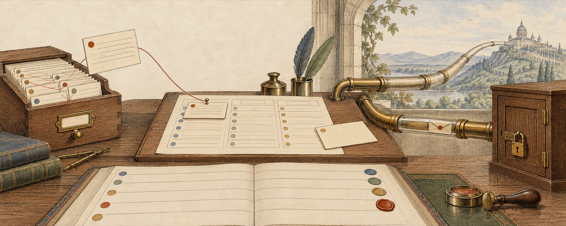 A card-catalogue drawer of linked index cards; one card carried by a red-pencil line and pinned to one line of an open plan on a writing desk, a blank card set apart; two brass tubes leave the desk, one through a window to a distant domed building, one to a padlocked cabinet in the same room that alone receives a sealed envelope; a ledger with a freshly pressed wax seal.