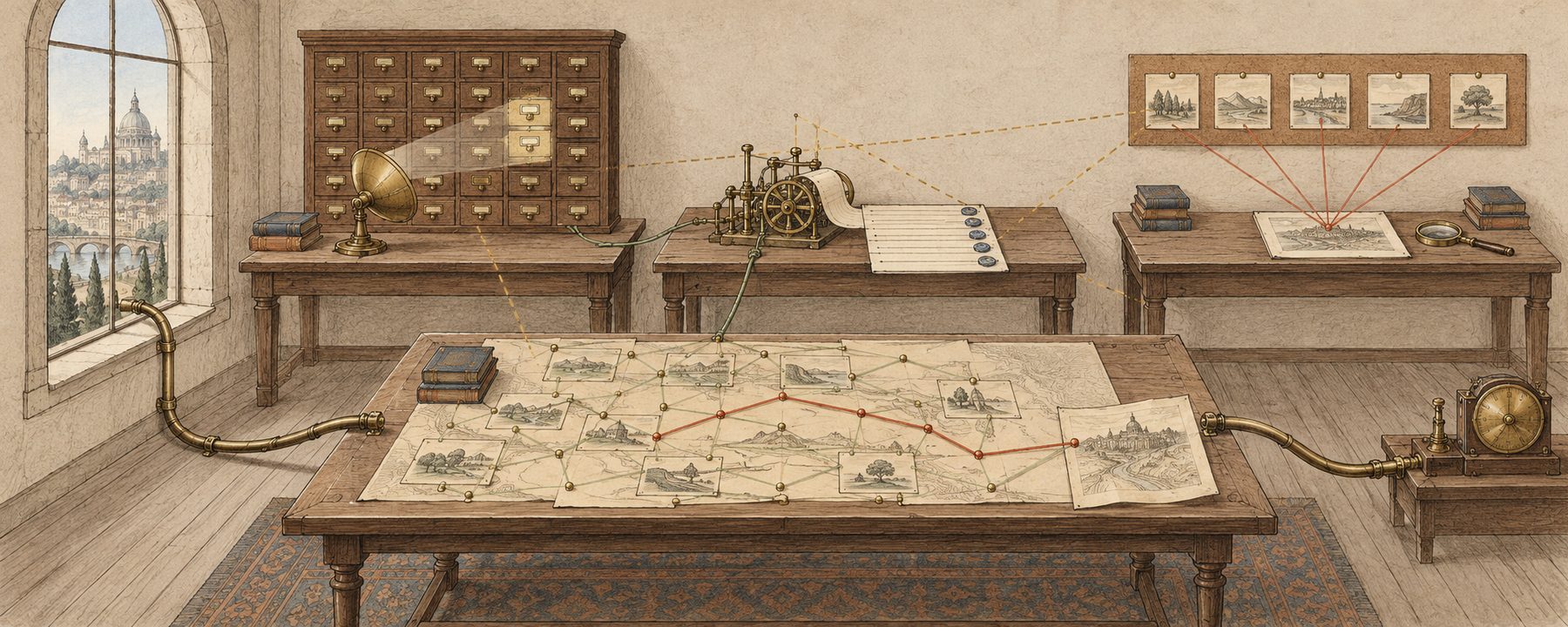 A workshop room. In front, a chart table with a map of linked index cards and a route traced in red; two brass tubes leave it, one to a window and a distant domed building, one to a small machine nearby. Behind, three benches: a card-catalogue library, a machine with a sealed ledger, an evidence table with threaded cards. Solid cords join the chart table to the ledger and the library to the ledger; dashed lines mark the links still planned.