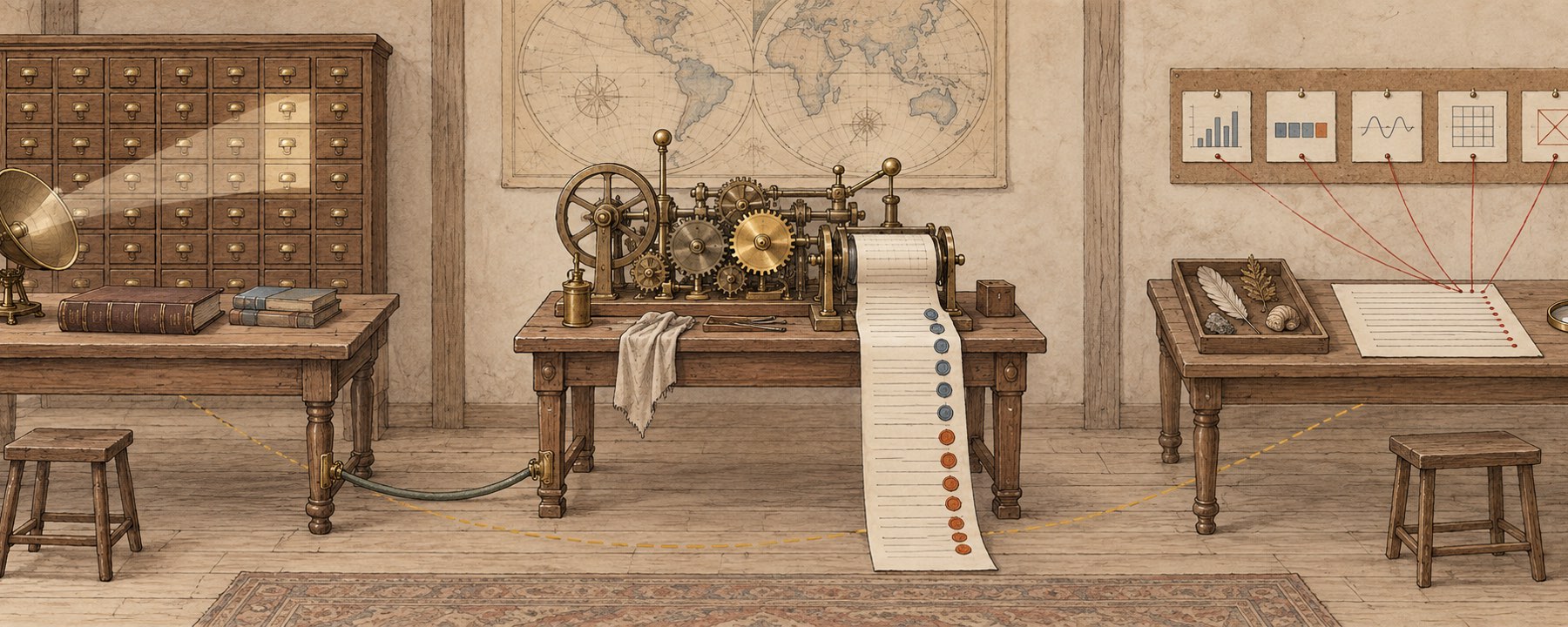 Three workbenches in one long room. On the left a card-catalogue cabinet, three of its drawers lit by a small brass radar dish; in the middle a brass machine whose paper ledger carries wax seals that change colour at a swapped gear; on the right a naturalist's bench with a printed report tied by red threads to pinned evidence cards. A solid green cord joins the first two benches; two dashed ochre chalk lines lead from the third bench to the other two.