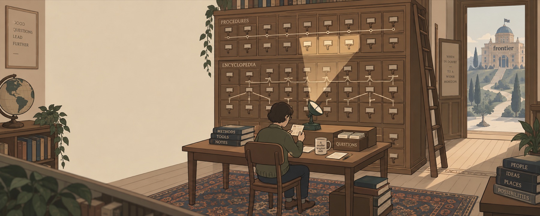 A reader at a desk before a wall of card-catalogue drawers labelled Procedures and Encyclopedia; a small radar dish on the desk lights three drawers; through an open door, a domed building on a hill labelled frontier.