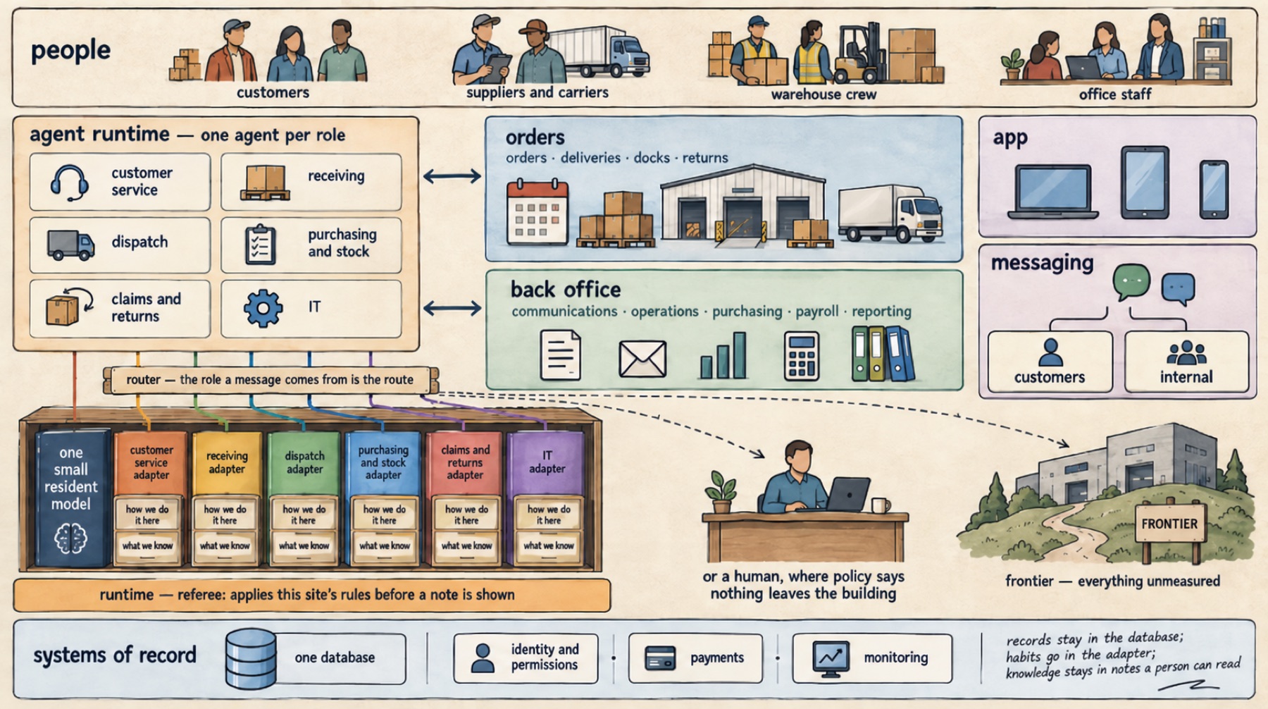 A solution architecture in five layers: people in four roles; an agent runtime with one agent per role; order and back-office applications; app and messaging channels; one database with identity, payments and monitoring. Under the agents, one graphics card drawn as a bookshelf: one thick spine, the resident model, and a thin spine per role, each with two drawers of notes. A signpost routes by role; dashed lines leave for the frontier and for a person.