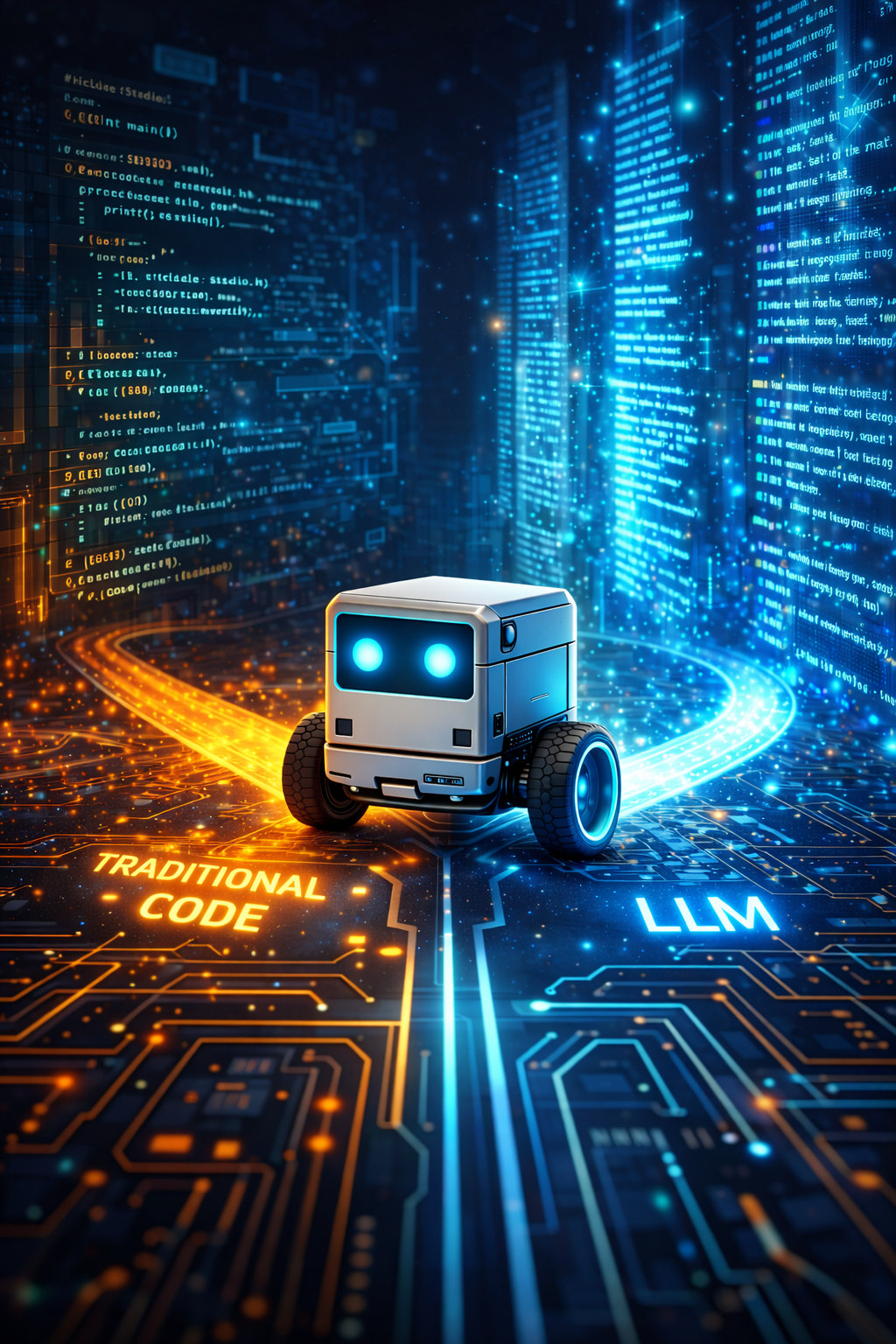 The robot at a crossroads between traditional compiled code and glowing LLM text streams