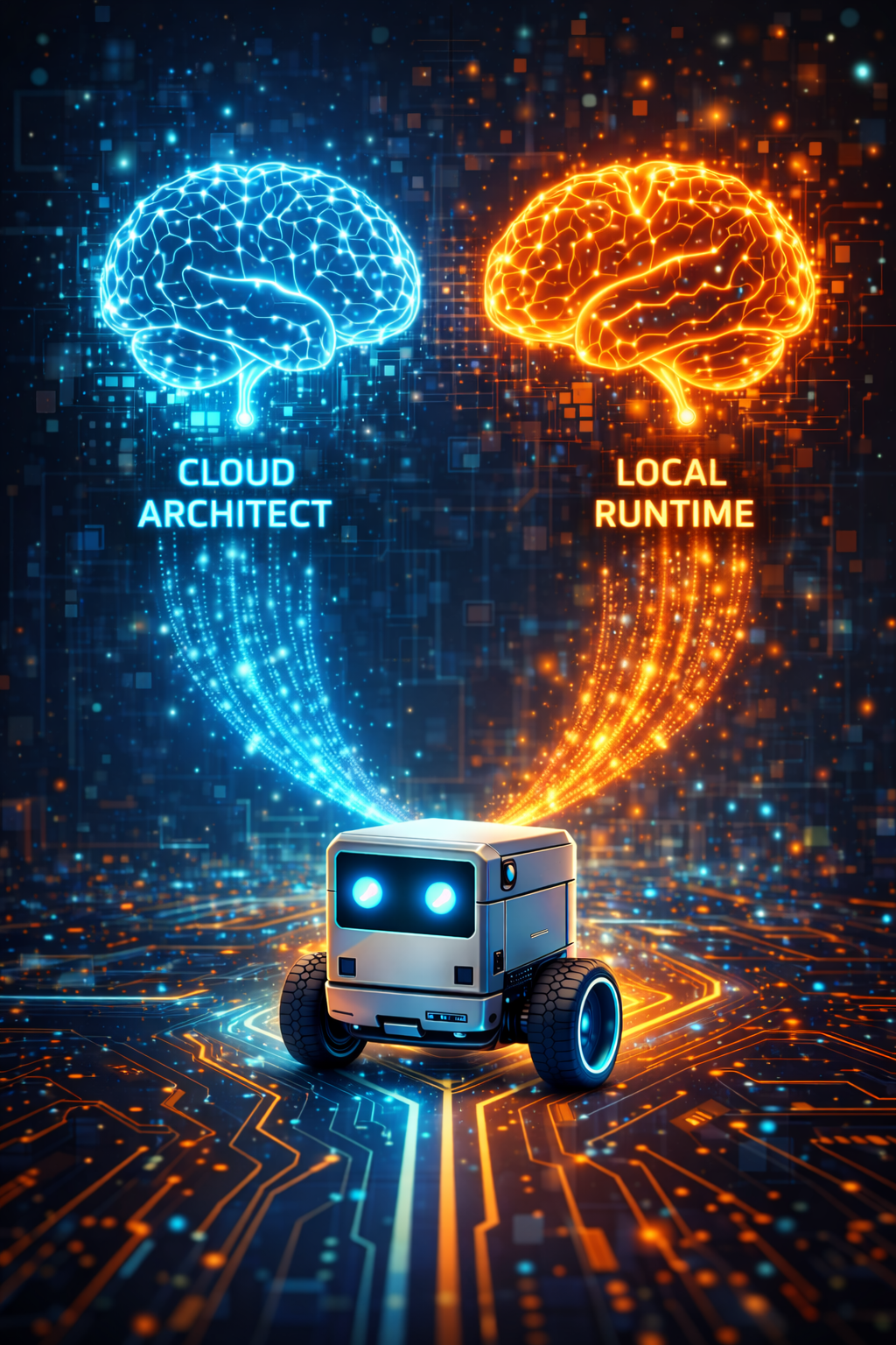 Two brains connected by data streams above the robot - cloud architect and local runtime