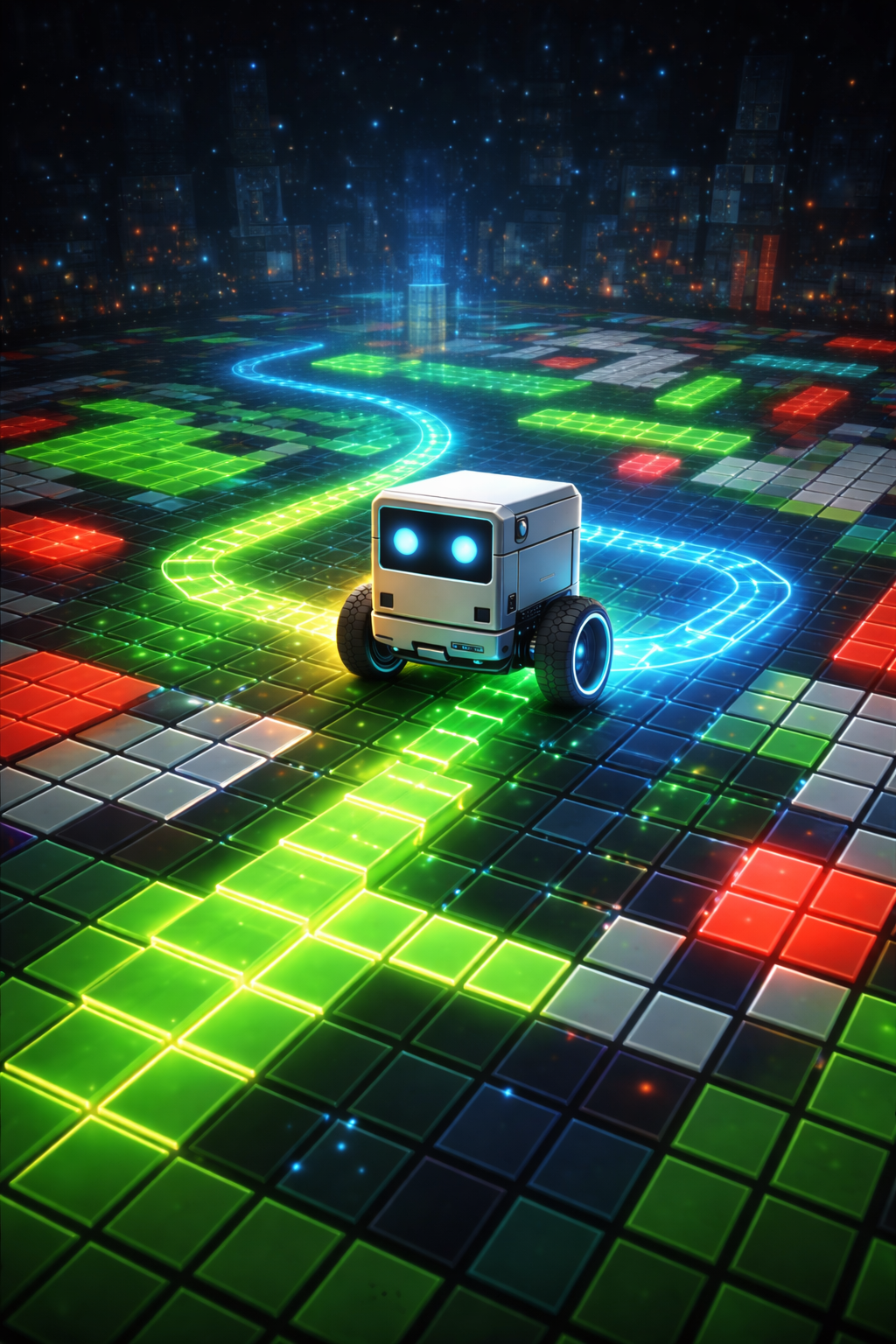 Robot on a glowing 50x50 occupancy grid with green, red, and grey cells