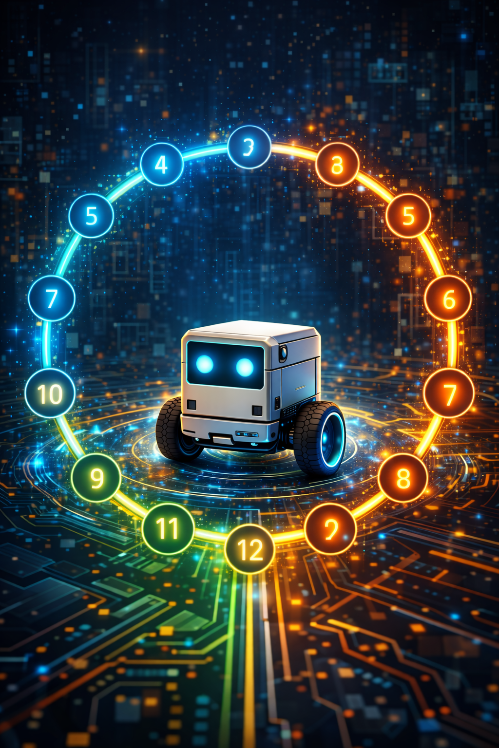 Circular pipeline of 13 glowing nodes forming a loop around the robot
