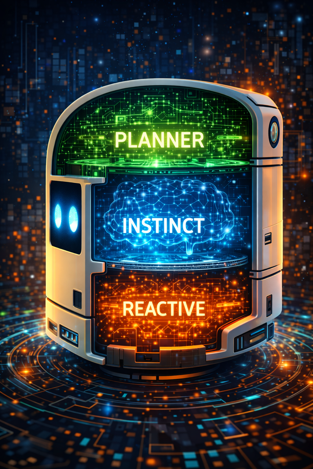 Robot head cross-section with three stacked layers: reactive, instinct, and planner