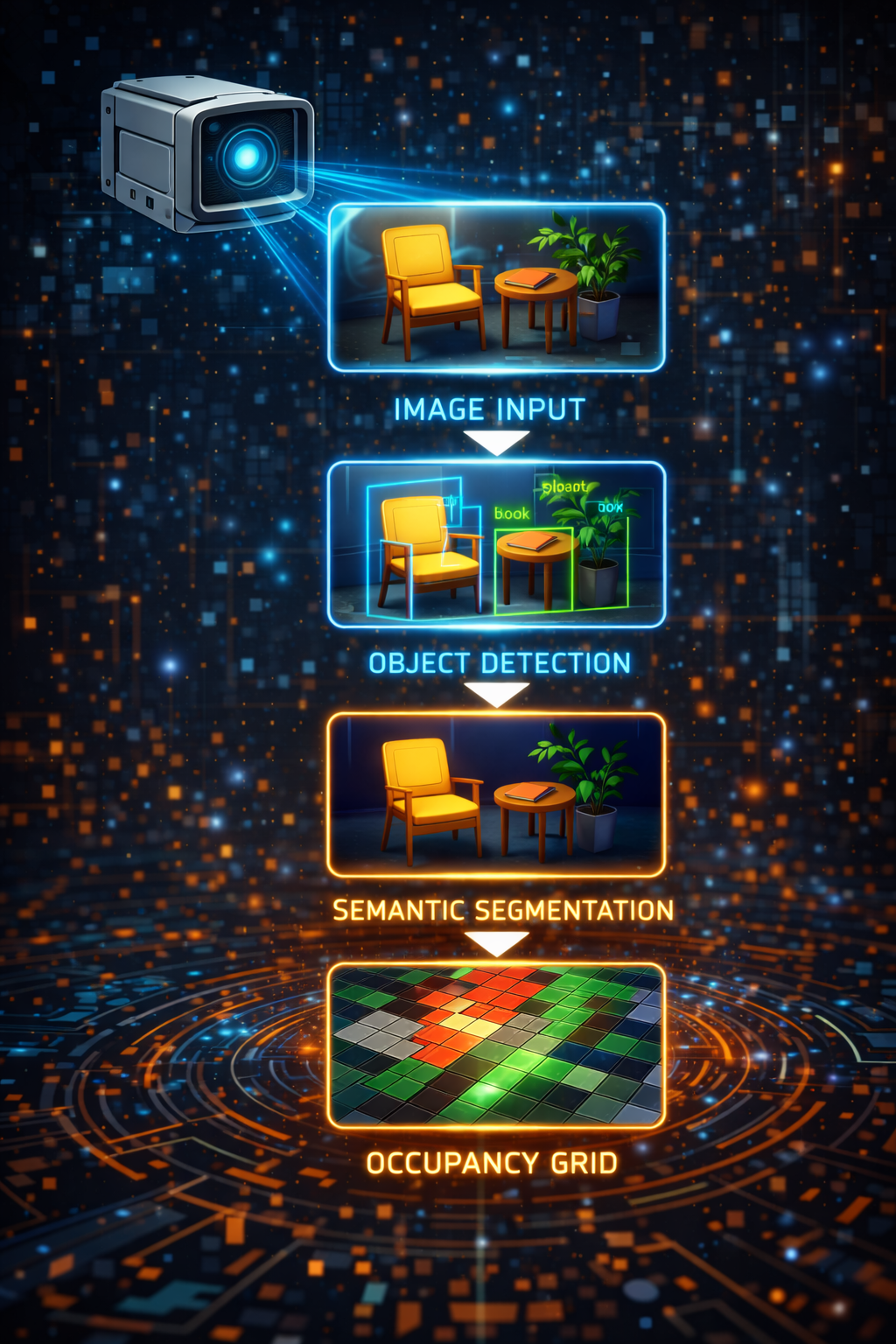 Camera captures a scene flowing through four processing stages to occupancy grid