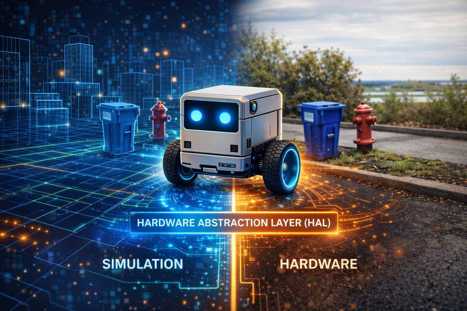 Robot straddling simulation and physical hardware with HAL interface bridging both