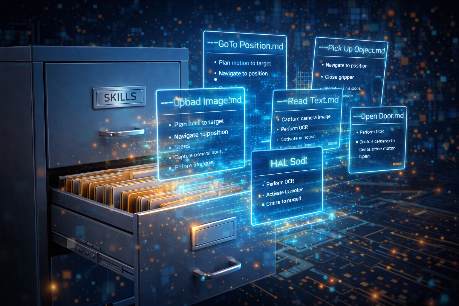 Filing cabinet with markdown skill files floating out as holographic action cards