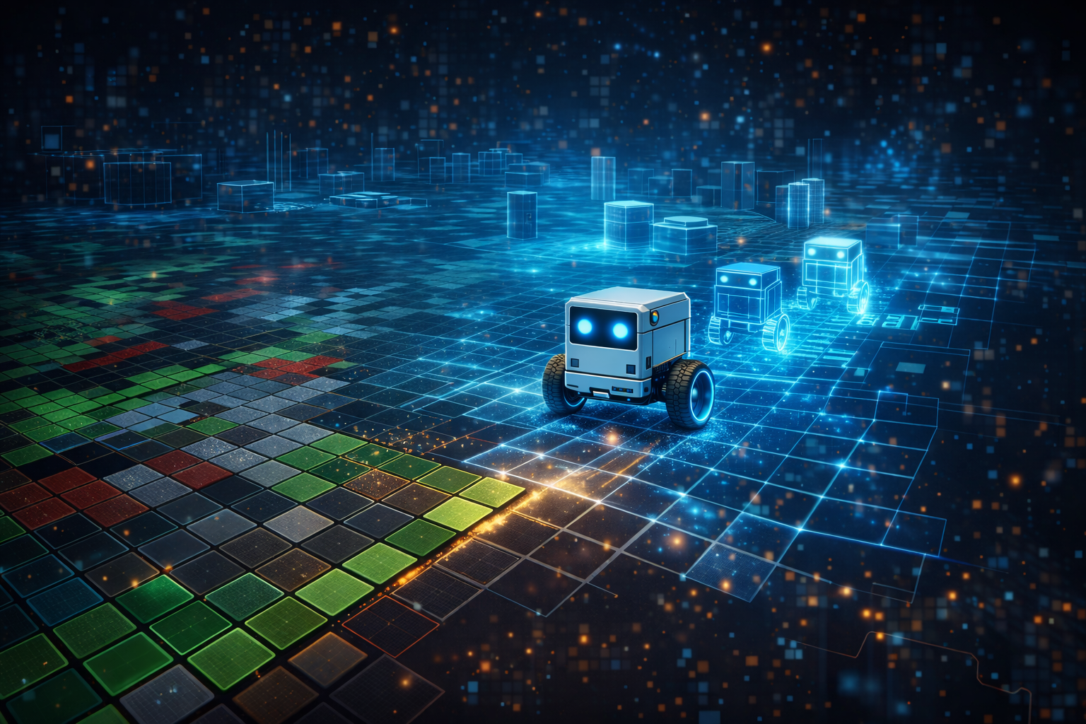 Robot at edge of explored territory with translucent blue predictions ahead