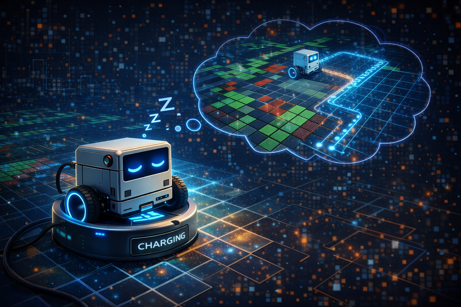 Robot sleeping on charging dock with dream bubble showing replaying navigation traces