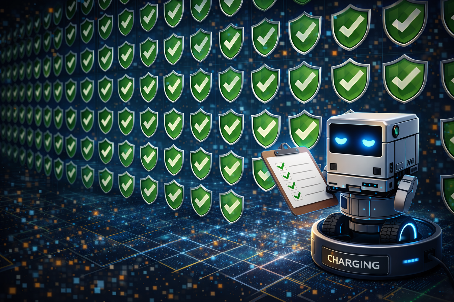 Wall of green checkmark badges with robot as quality inspector