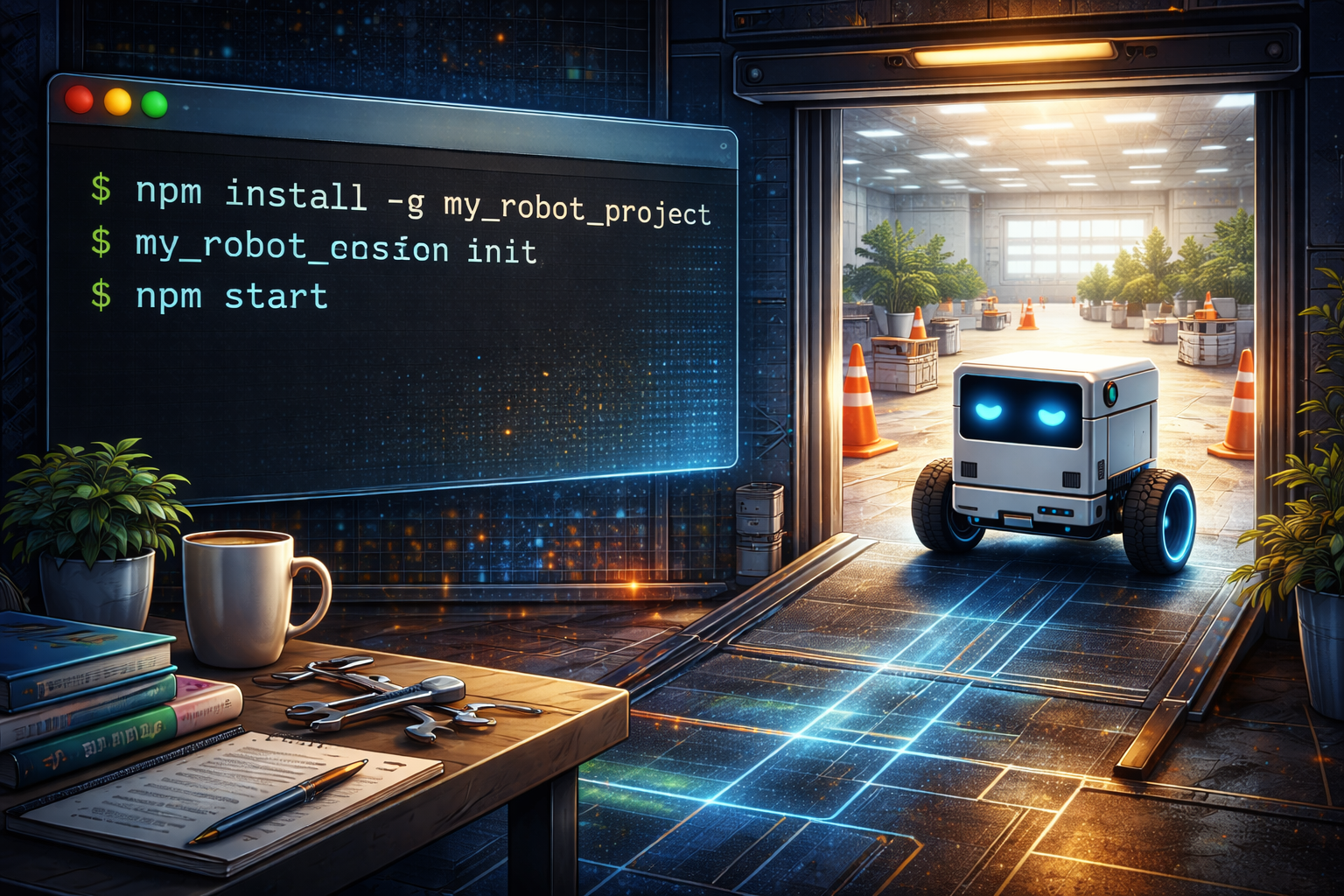 Terminal window with npm commands and robot emerging into test arena