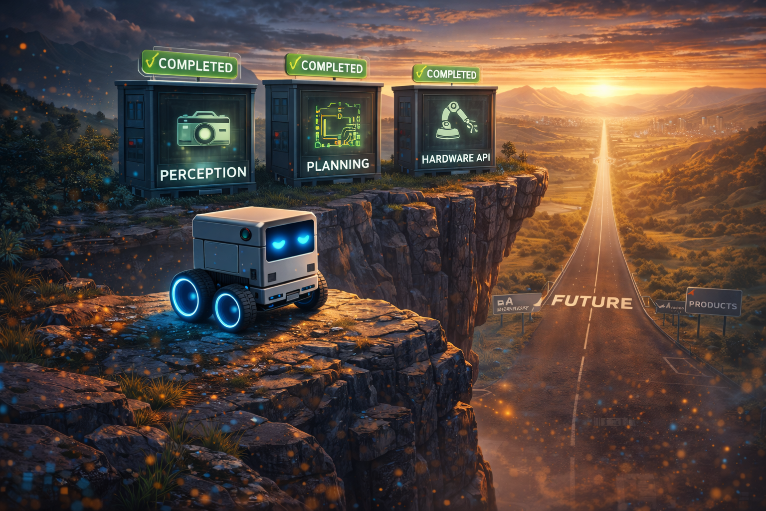 Robot at cliff edge overlooking landscape with completed modules behind and road ahead